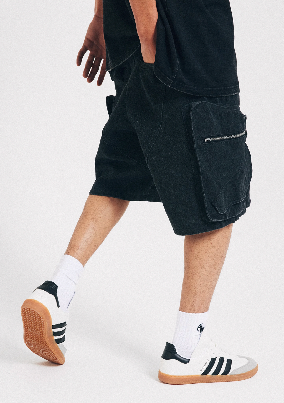 ANTIDOTE Distressed Washed Zipper Pocket Shorts