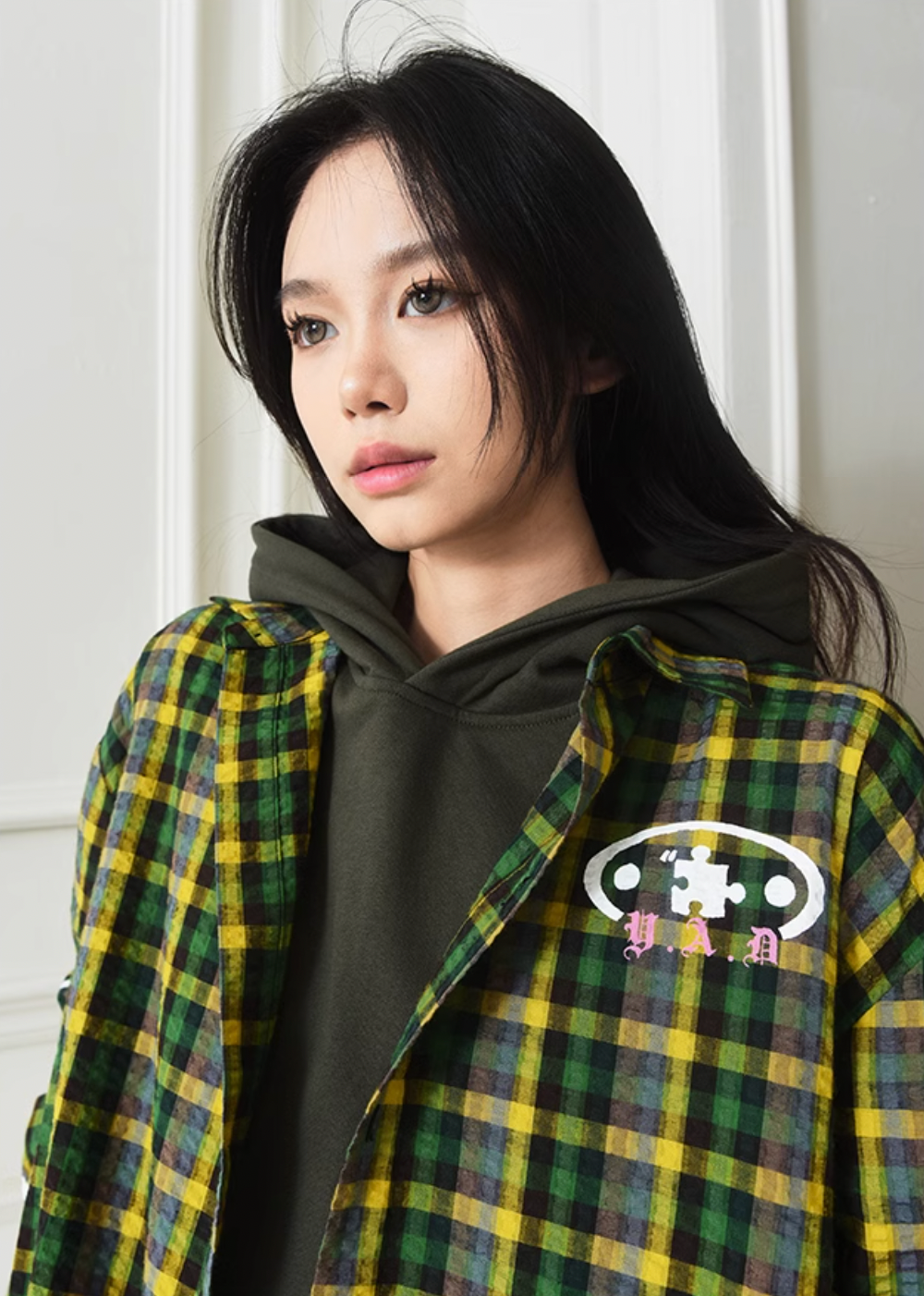 YADcrew Gothic Oval Puzzle Bubble Plaid Shirt