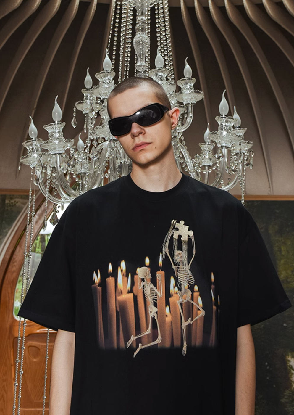 YADcrew Candlelight Puzzle Skull Digital Print Tee