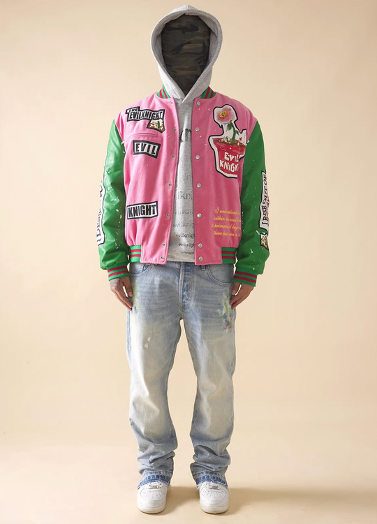EVILKNIGHT(EK) Patchwork Embroidery Splattered Ink Baseball Jacket