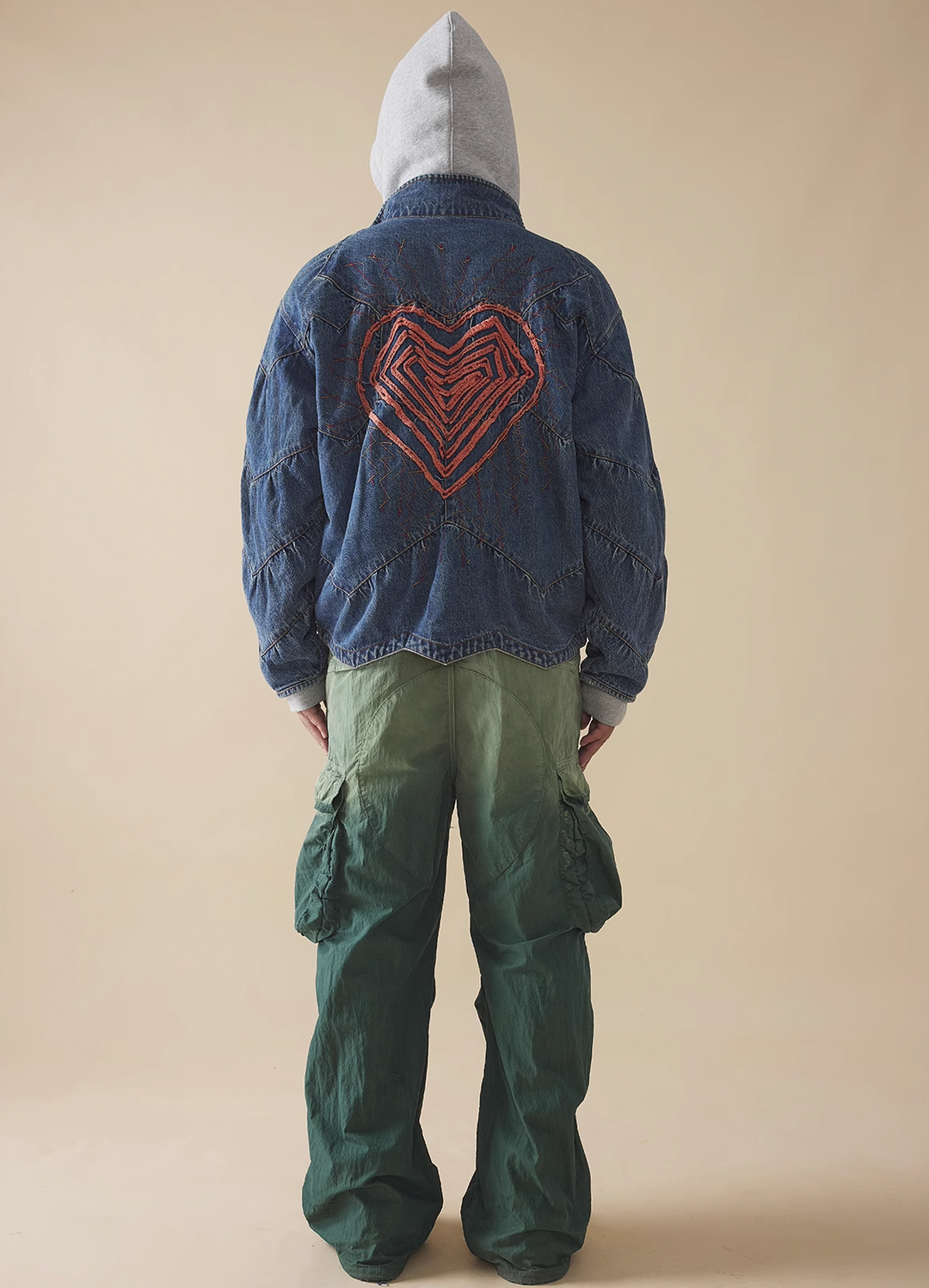 EVILKNIGHT(EK) Love Embroidery Washed & Old Splicing Denim Jacket