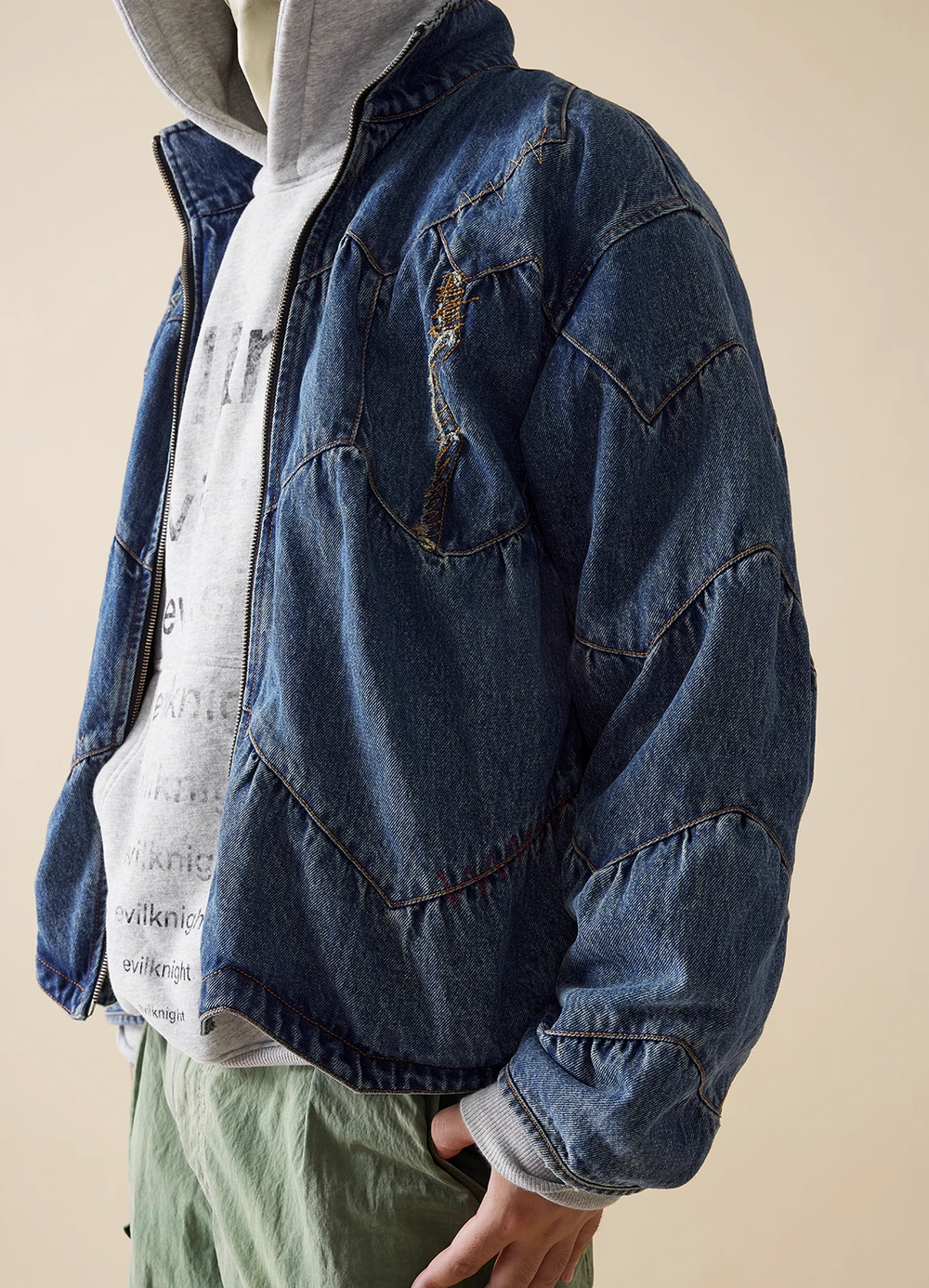 EVILKNIGHT(EK) Love Embroidery Washed & Old Splicing Denim Jacket