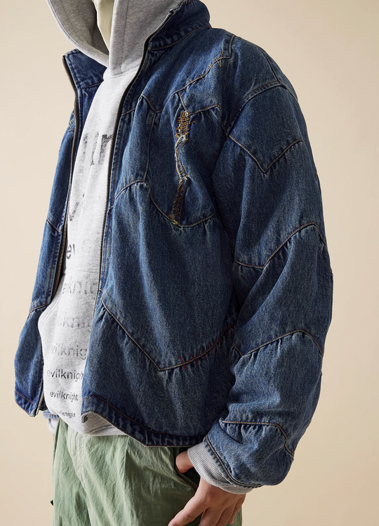 EVILKNIGHT(EK) Love Embroidery Washed & Old Splicing Denim Jacket