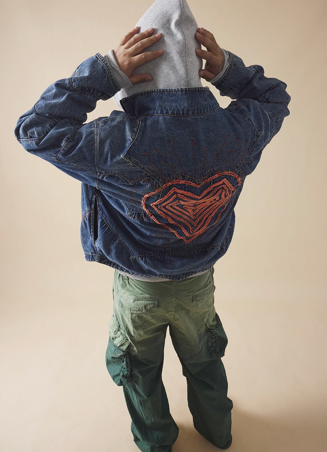 EVILKNIGHT(EK) Love Embroidery Washed & Old Splicing Denim Jacket