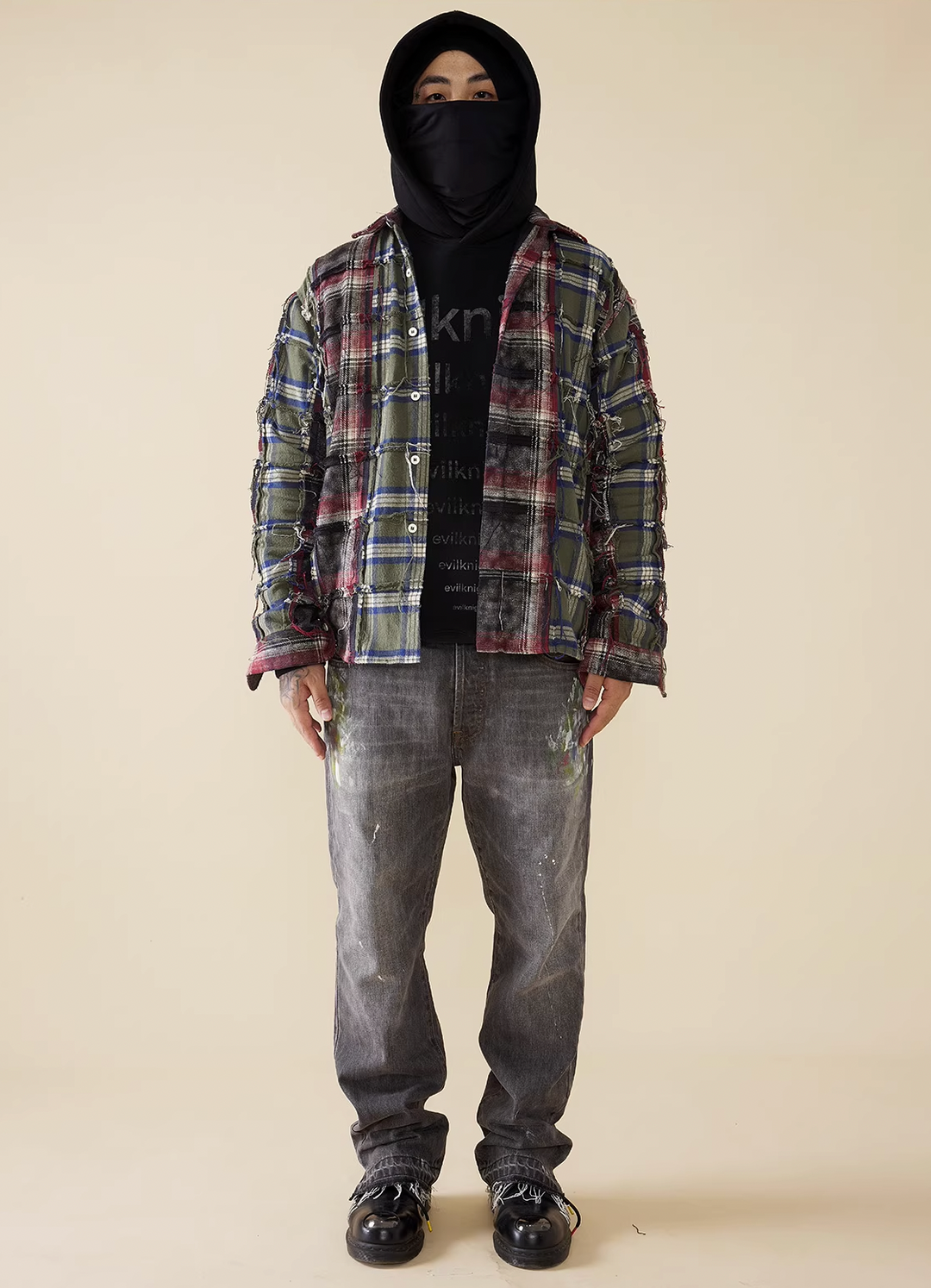 EVILKNIGHT(EK) Color Blocking Plaid Long Sleeve Shirt