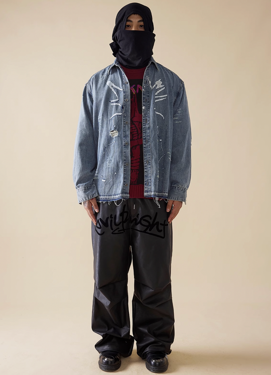 EVILKNIGHT(EK) Head Print Washed Denim Long Sleeved Shirt