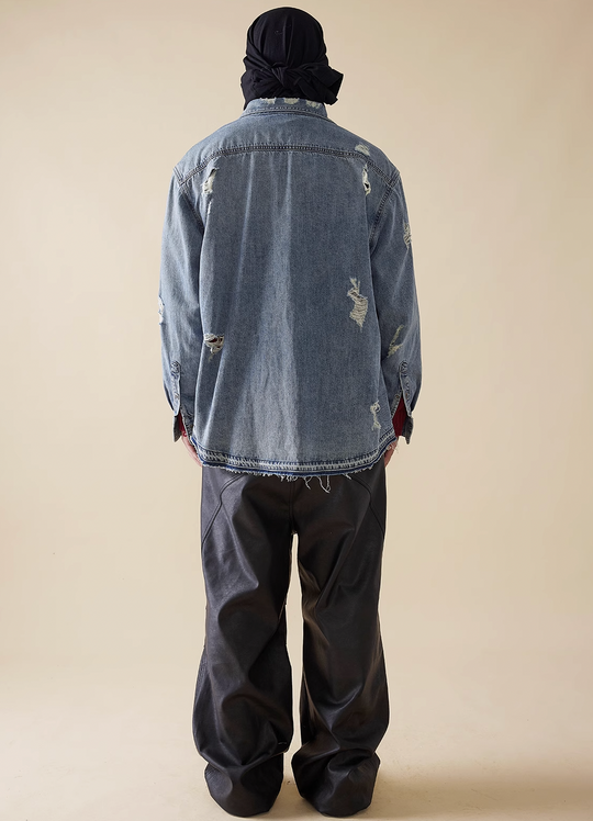 EVILKNIGHT(EK) Head Print Washed Denim Long Sleeved Shirt
