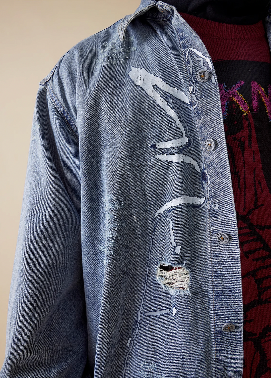 EVILKNIGHT(EK) Head Print Washed Denim Long Sleeved Shirt