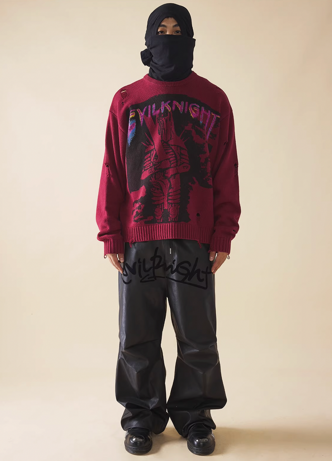 EVILKNIGHT(EK) Knight Guard Ink Print Slashed Hole Knit Sweater