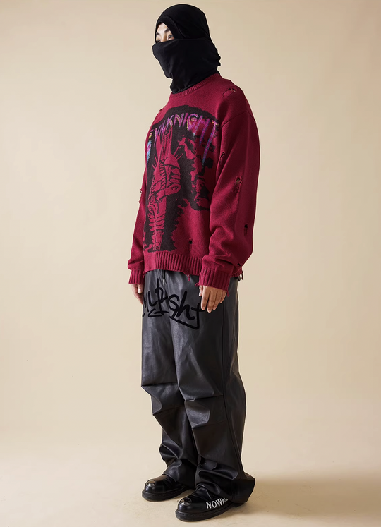 EVILKNIGHT(EK) Knight Guard Ink Print Slashed Hole Knit Sweater
