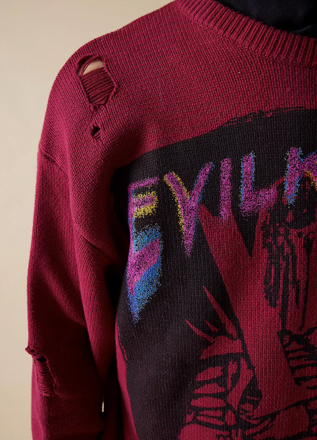 EVILKNIGHT(EK) Knight Guard Ink Print Slashed Hole Knit Sweater