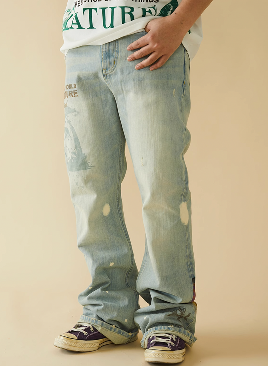 EVILKNIGHT(EK) Digital Print Butterfly Embroidery Denim Flare Pants