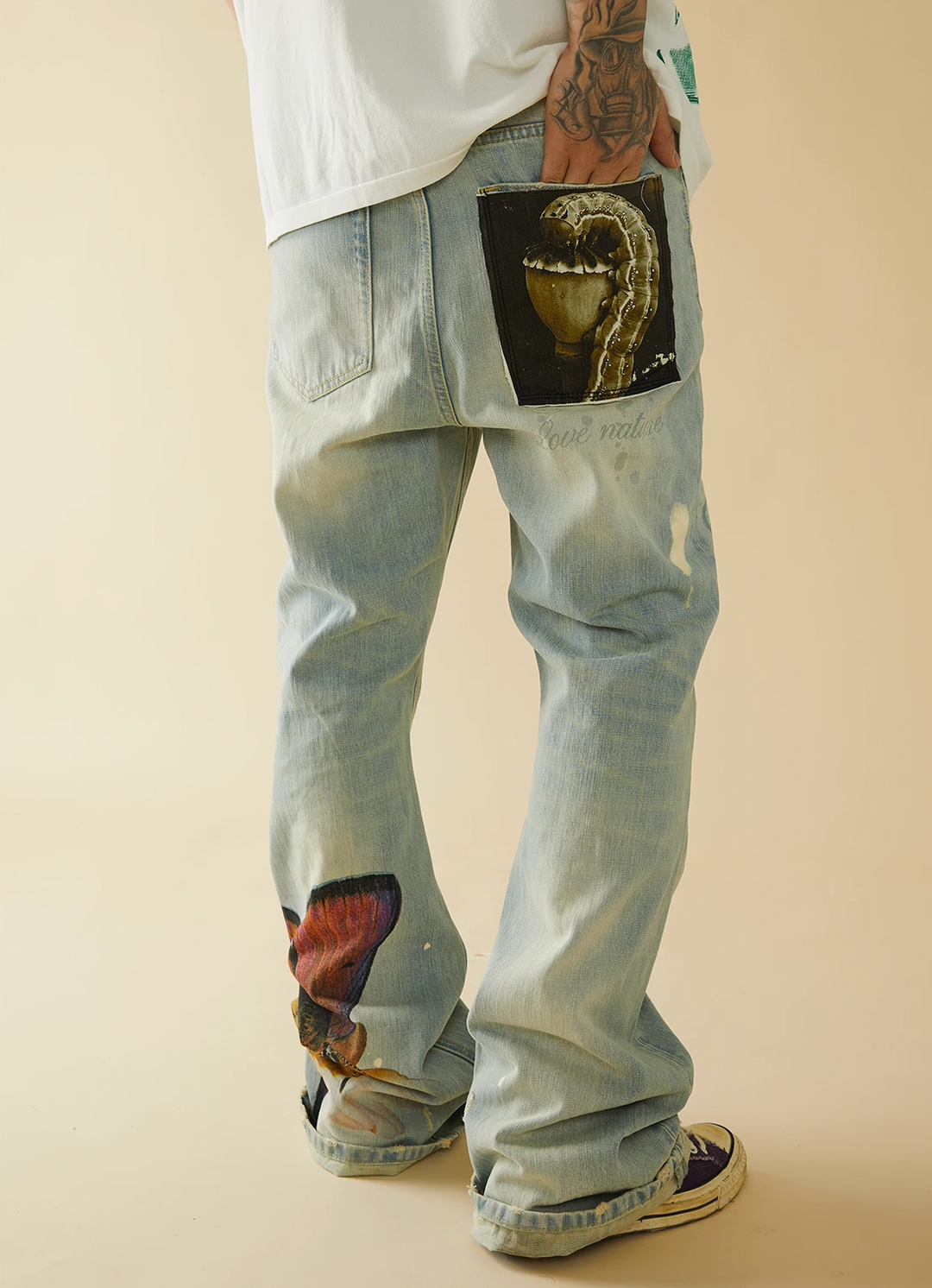 EVILKNIGHT(EK) Digital Print Butterfly Embroidery Denim Flare Pants