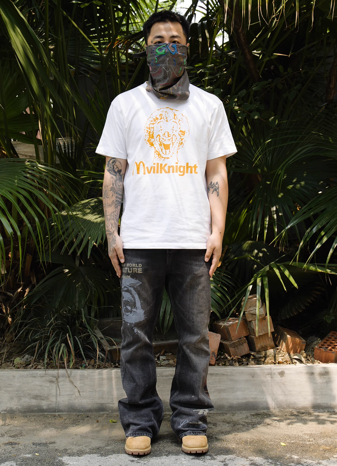 EVILKNIGHT(EK) Digital Print Butterfly Embroidery Denim Flare Pants