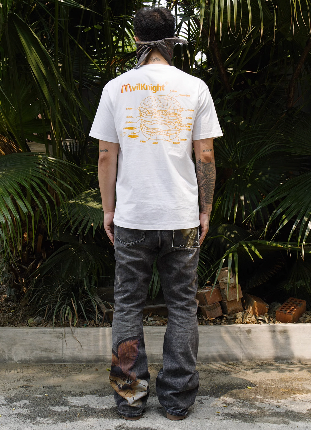 EVILKNIGHT(EK) Digital Print Butterfly Embroidery Denim Flare Pants