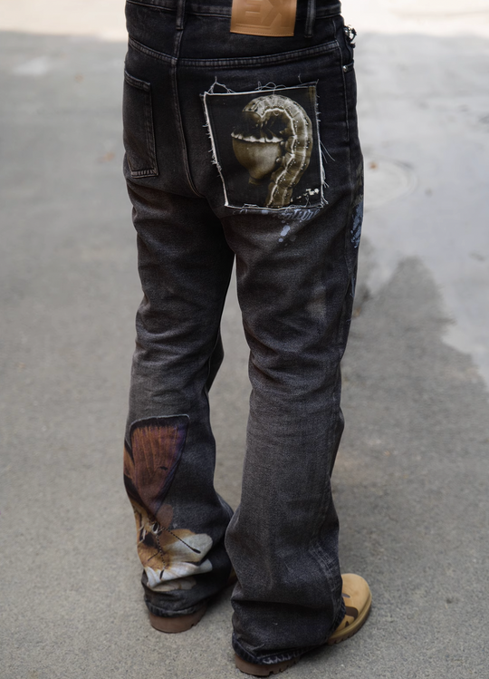 EVILKNIGHT(EK) Digital Print Butterfly Embroidery Denim Flare Pants