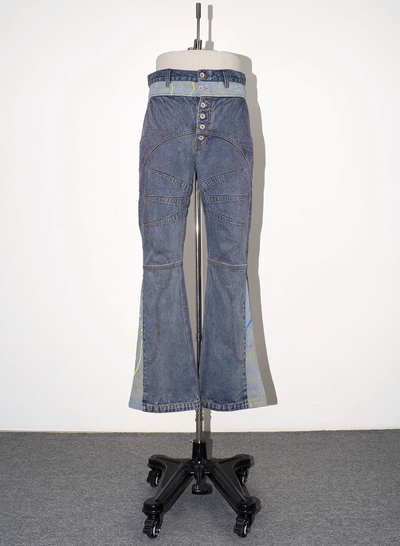 EVILKNIGHT(EK) Tailored Stitching Embroidery Flared Denim Pants