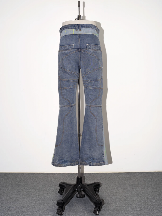 EVILKNIGHT(EK) Tailored Stitching Embroidery Flared Denim Pants