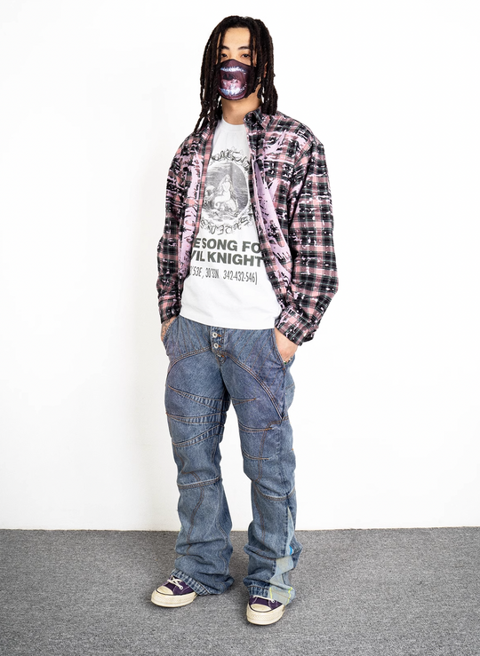 EVILKNIGHT(EK) Tailored Stitching Embroidery Flared Denim Pants