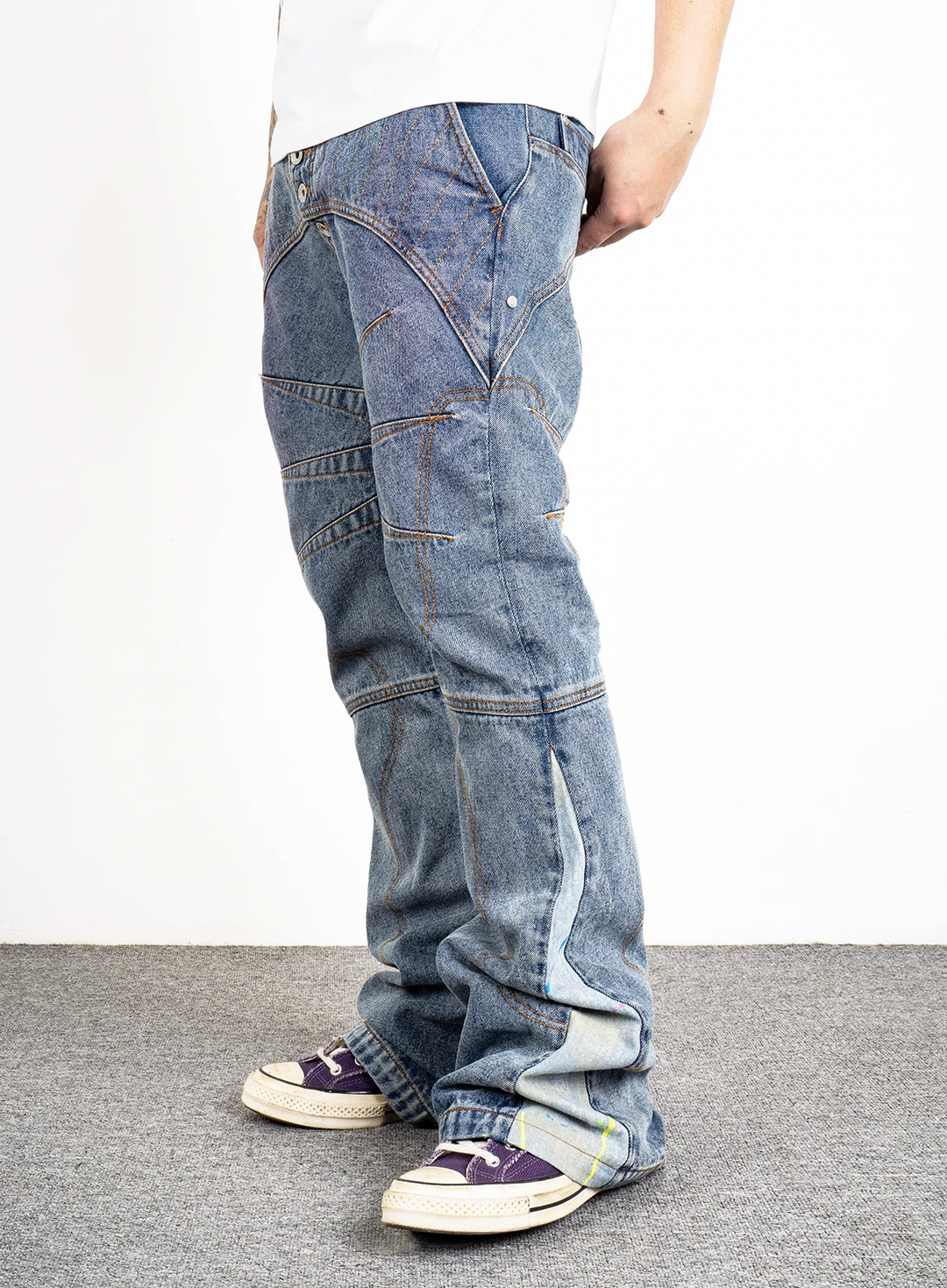 EVILKNIGHT(EK) Tailored Stitching Embroidery Flared Denim Pants