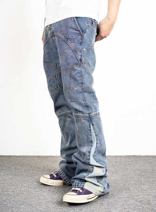 EVILKNIGHT(EK) Tailored Stitching Embroidery Flared Denim Pants