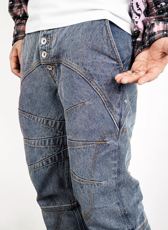 EVILKNIGHT(EK) Tailored Stitching Embroidery Flared Denim Pants