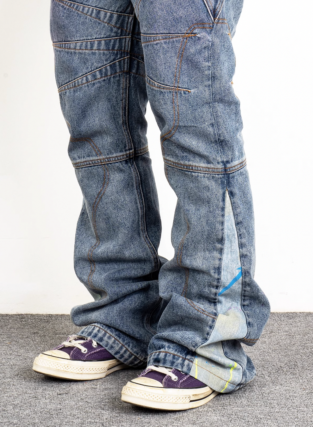 EVILKNIGHT(EK) Tailored Stitching Embroidery Flared Denim Pants