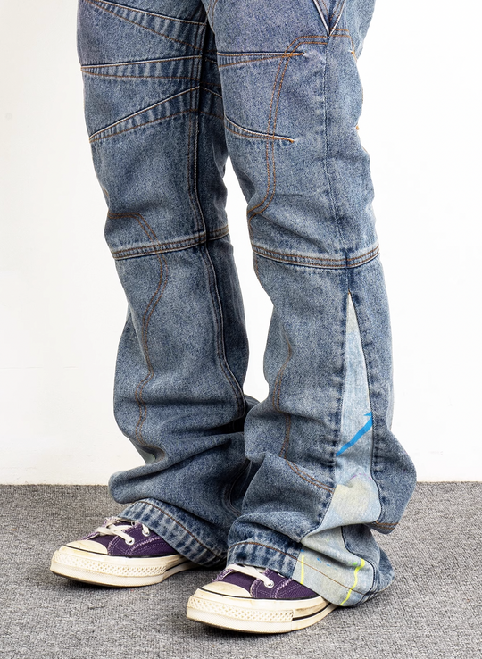 EVILKNIGHT(EK) Tailored Stitching Embroidery Flared Denim Pants