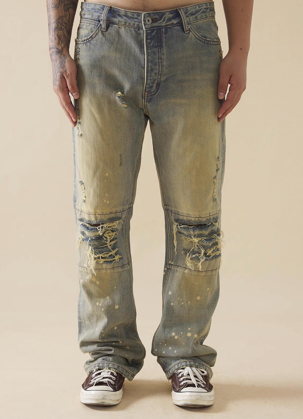 EVILKNIGHT(EK) White Ink Wash Aged Denim Micro Flare Pants