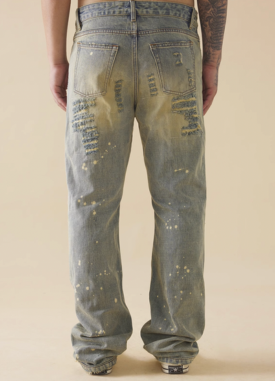 EVILKNIGHT(EK) White Ink Wash Aged Denim Micro Flare Pants