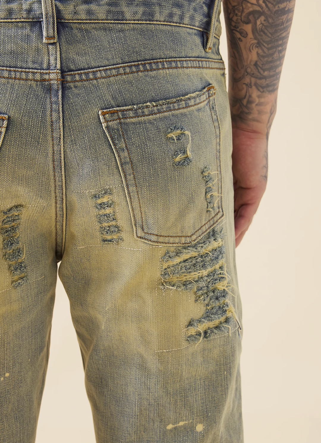 EVILKNIGHT(EK) White Ink Wash Aged Denim Micro Flare Pants