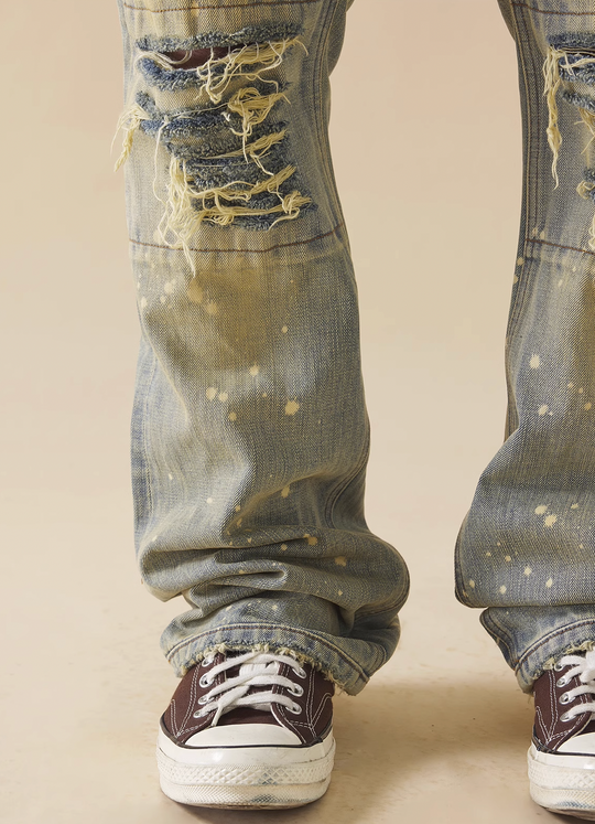 EVILKNIGHT(EK) White Ink Wash Aged Denim Micro Flare Pants