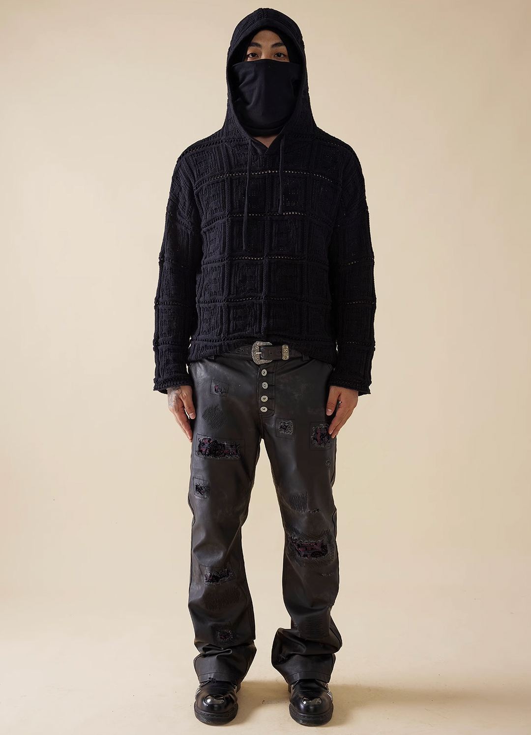 EVILKNIGHT(EK) Plaid Patch Rice Grains Embroidery Washed Leather Pants