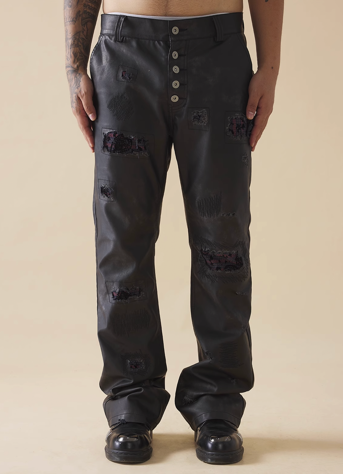EVILKNIGHT(EK) Plaid Patch Rice Grains Embroidery Washed Leather Pants