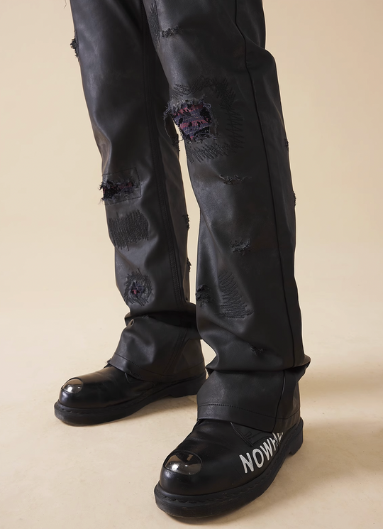 EVILKNIGHT(EK) Plaid Patch Rice Grains Embroidery Washed Leather Pants