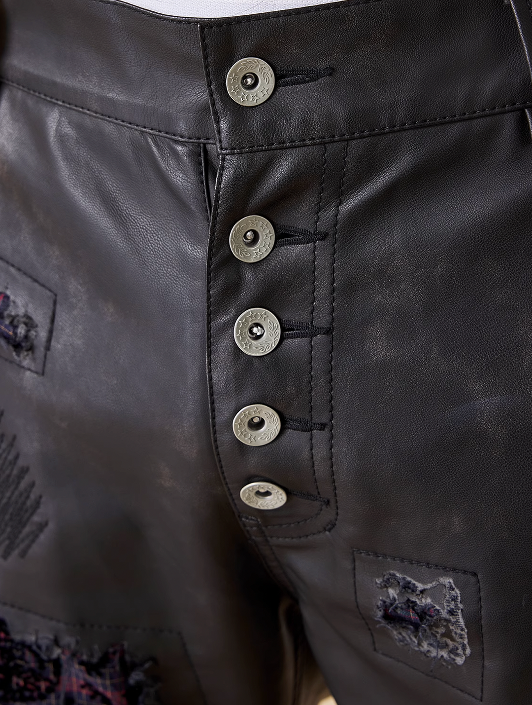 EVILKNIGHT(EK) Plaid Patch Rice Grains Embroidery Washed Leather Pants