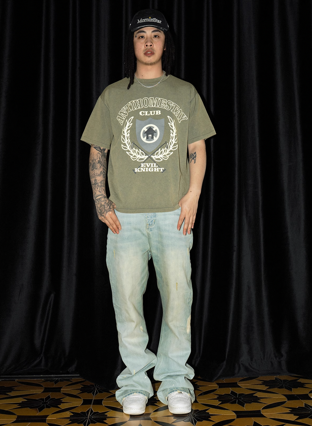 EVILKNIGHT(EK) Basic Washed Splash Ink Flared Denim Pants