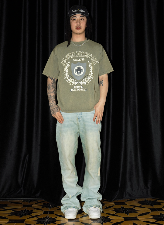 EVILKNIGHT(EK) Basic Washed Splash Ink Flared Denim Pants