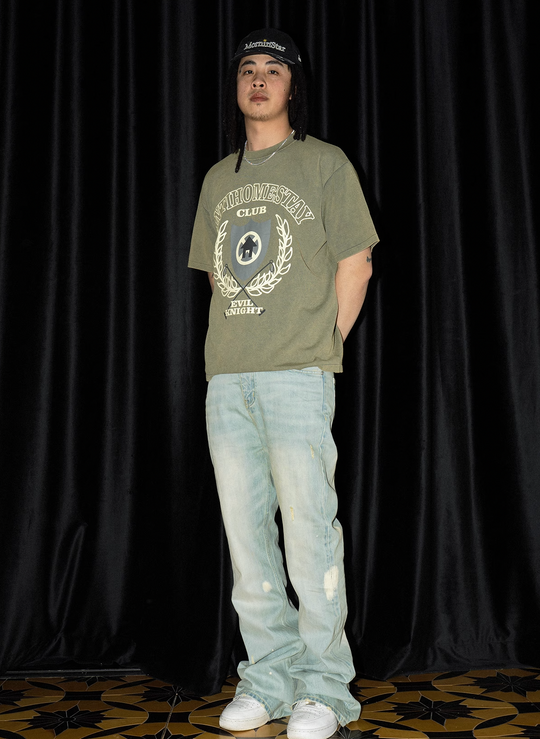 EVILKNIGHT(EK) Basic Washed Splash Ink Flared Denim Pants