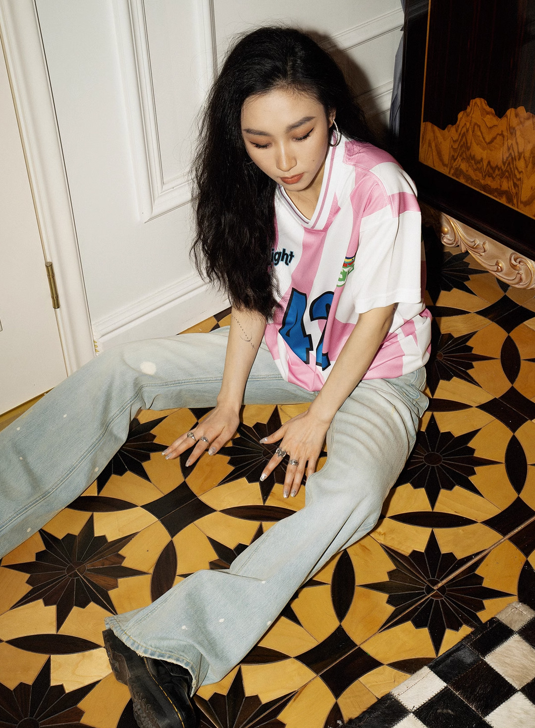 EVILKNIGHT(EK) Basic Washed Splash Ink Flared Denim Pants