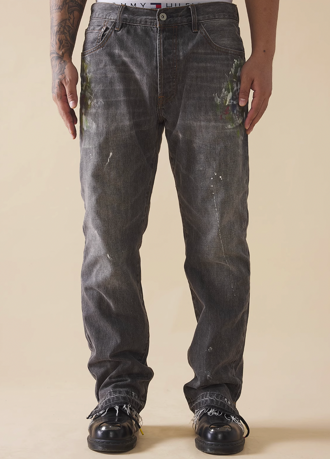 EVILKNIGHT(EK) Colorful Ink Splash Washed Denim Pants