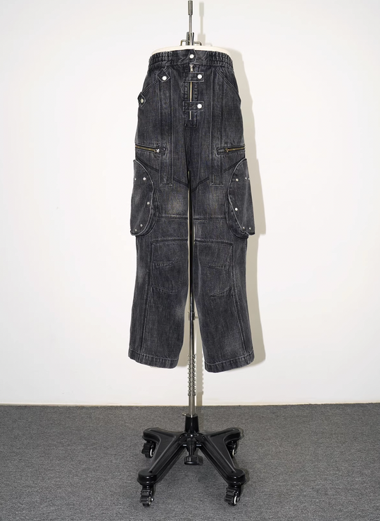 EVILKNIGHT(EK) Washed Round Zipper Multi Pocket Denim Pants