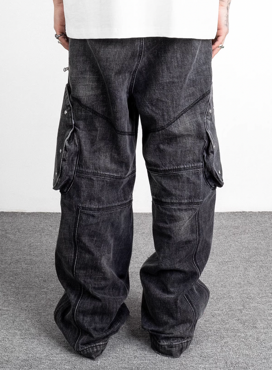 EVILKNIGHT(EK) Washed Round Zipper Multi Pocket Denim Pants