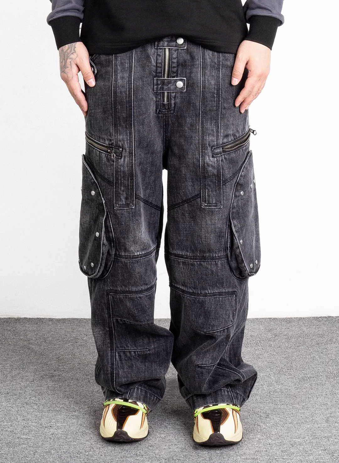 EVILKNIGHT(EK) Washed Round Zipper Multi Pocket Denim Pants
