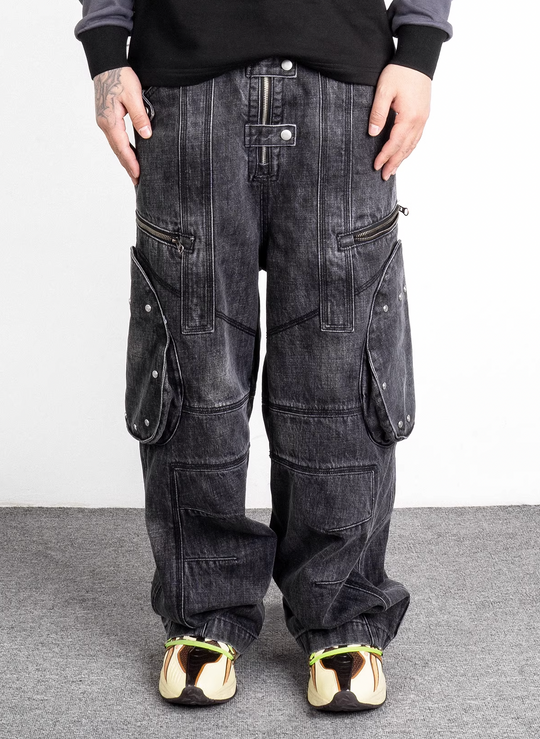 EVILKNIGHT(EK) Washed Round Zipper Multi Pocket Denim Pants