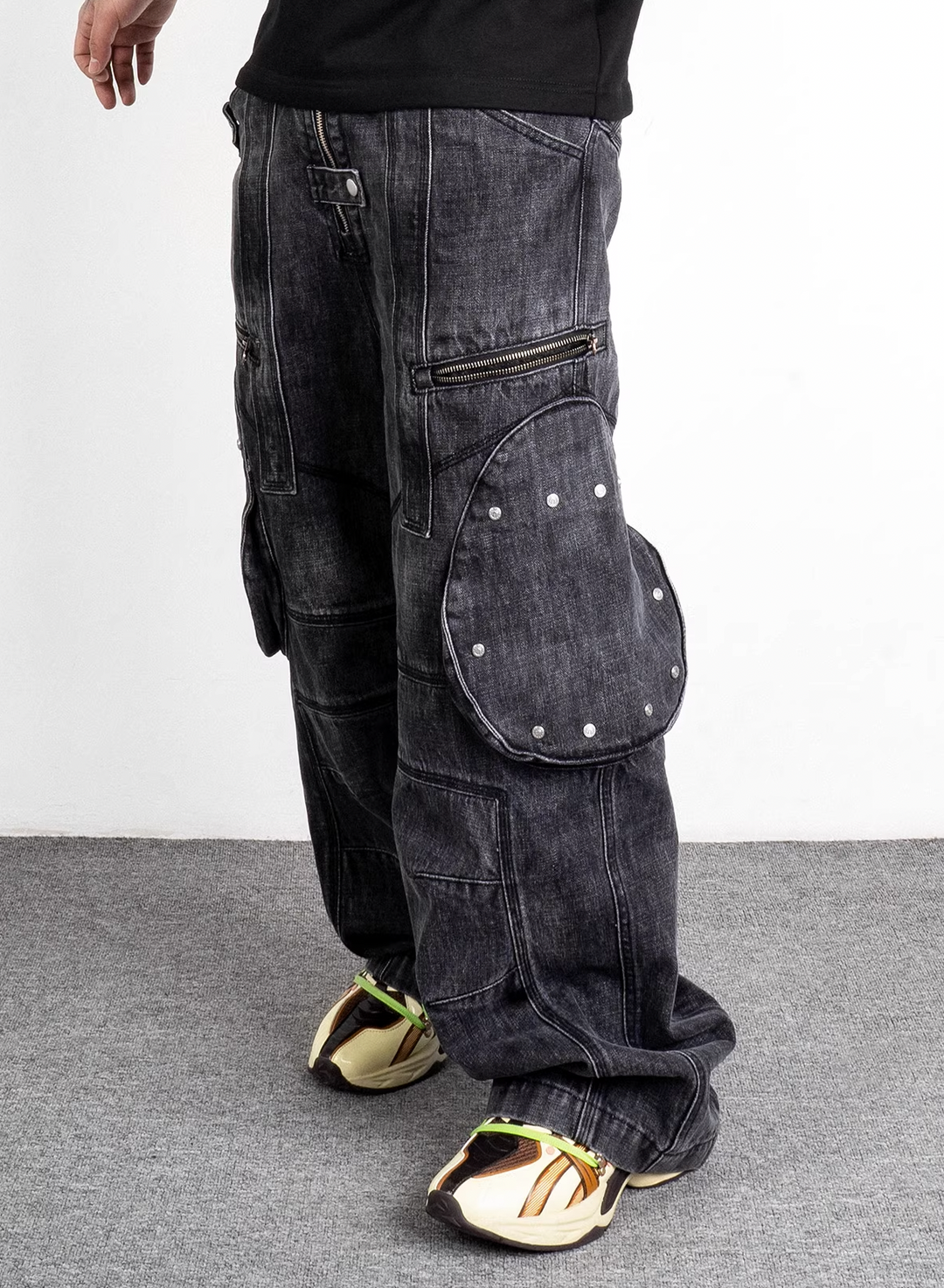 EVILKNIGHT(EK) Washed Round Zipper Multi Pocket Denim Pants