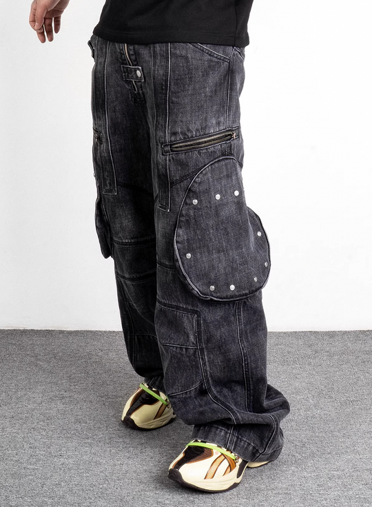 EVILKNIGHT(EK) Washed Round Zipper Multi Pocket Denim Pants