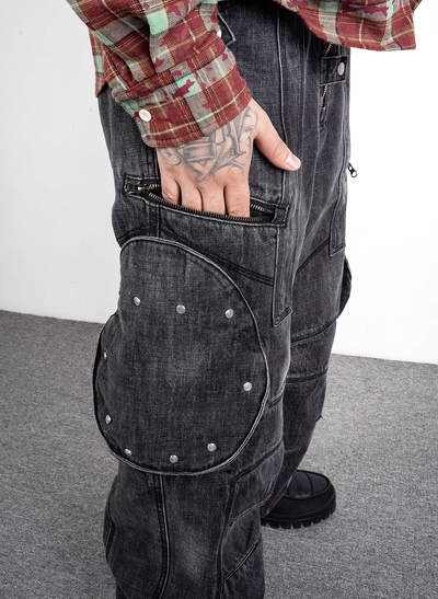 EVILKNIGHT(EK) Washed Round Zipper Multi Pocket Denim Pants