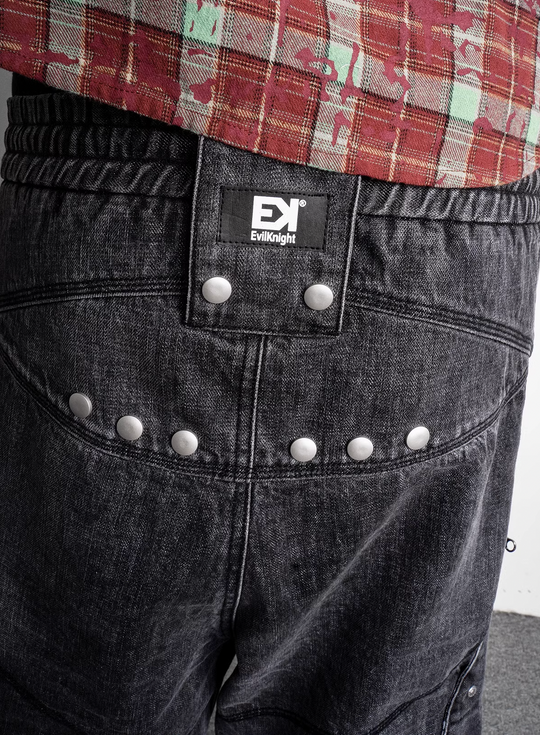 EVILKNIGHT(EK) Washed Round Zipper Multi Pocket Denim Pants