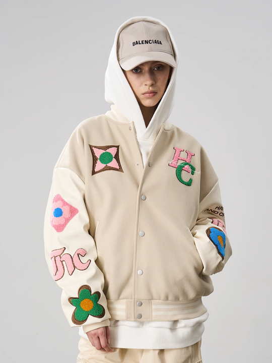 Harsh and Cruel Letters Flower Embroidery Baseball Jacket